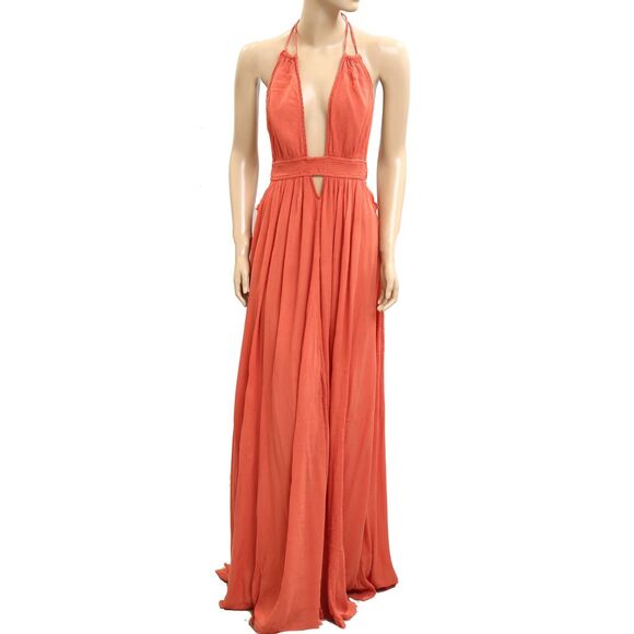 Free People Look Into the Sun Maxi Dress Halter Beach Smocked Cutout S 283185 - Picture 1 of 5
